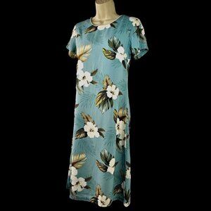 80s/90s Aloha Moi Hawaiian Dress A-Line Short sleeve Aqua Gardenia Print Women S